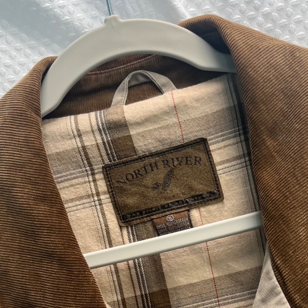 North River Mens XL Tan Canvas Flannel Lined Barn Field Coat Corduroy Trim Vtg